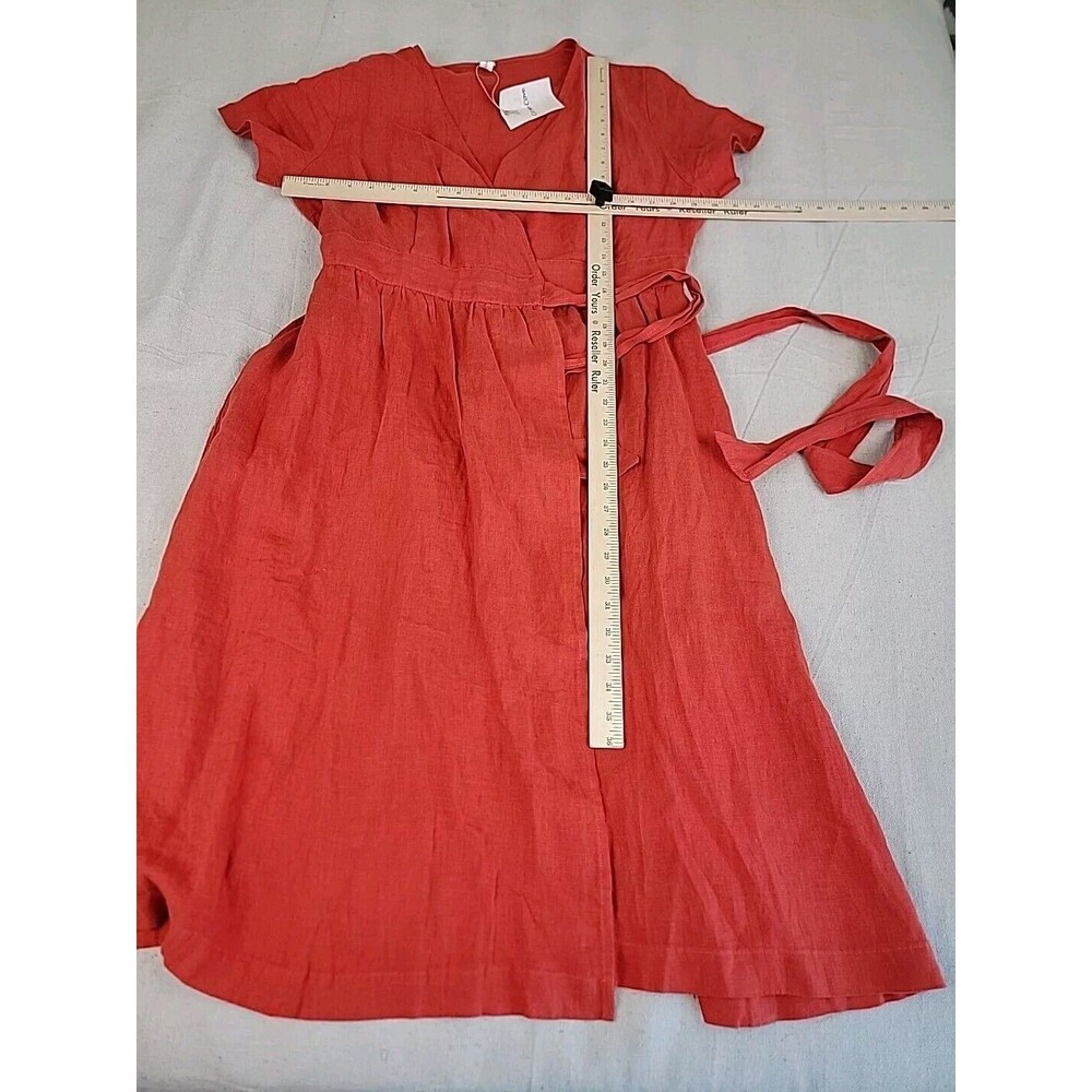 Grae Cove Linen Dress M Orange Wrap Tie Pockets V Neck Praire Cottagecore NEW - Picture 12 of 13